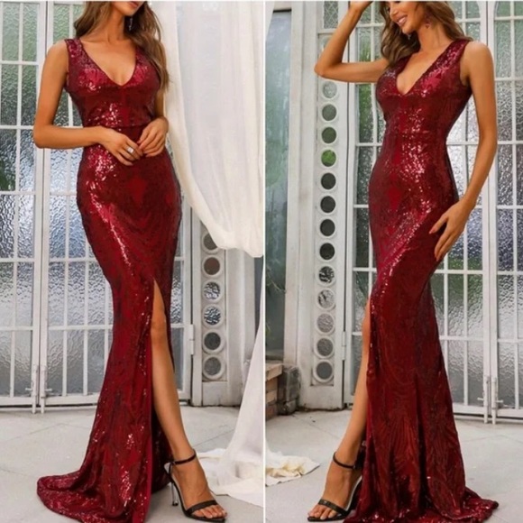 Sequins V neck slit thigh formal party evening Luxe dress. Sorry no returns. - Picture 1 of 8